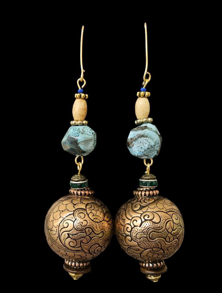 Ocean Jasper & Tibetan Brass-Copper Repousse Beaded Pierced Earrings - Exotic Ethnic Shoulder Dusters - Wearable Art from Kat Kouture