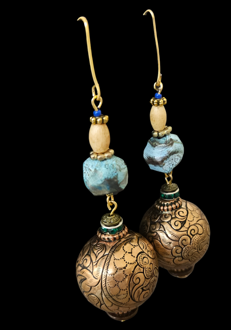 Ocean Jasper & Tibetan Brass-Copper Repousse Beaded Pierced Earrings - Exotic Ethnic Shoulder Dusters - Wearable Art from Kat Kouture