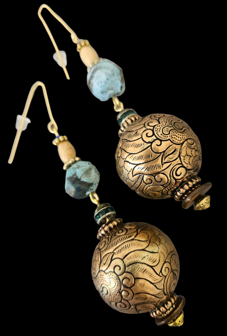 Ocean Jasper & Tibetan Brass-Copper Repousse Beaded Pierced Earrings - Exotic Ethnic Shoulder Dusters - Wearable Art from Kat Kouture