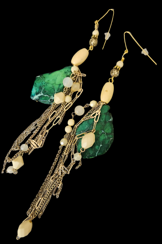 Vintage Chain Beige Bead & Bright Green Sea Sediment Slab Long Pierced Earrings - Mixed Media Modern and Vintage Shoulder Dusters - Kat Kouture Wearable Art Jewelry