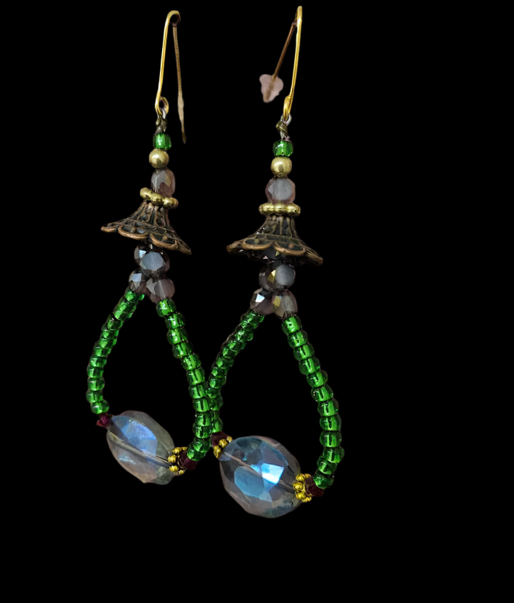 Emerald Green & Purple Crystal Hoop Pierced Earrings - Bohemian Beaded Summer Ear Candy - Kat Kouture Wearable Art