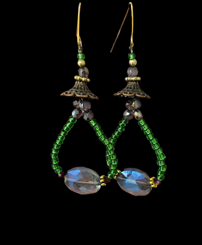 Emerald Green & Purple Crystal Hoop Pierced Earrings - Bohemian Beaded Summer Ear Candy - Kat Kouture Wearable Art