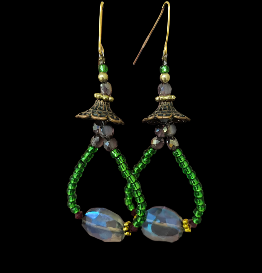 Emerald Green & Purple Crystal Hoop Pierced Earrings - Bohemian Beaded Summer Ear Candy - Kat Kouture Wearable Art