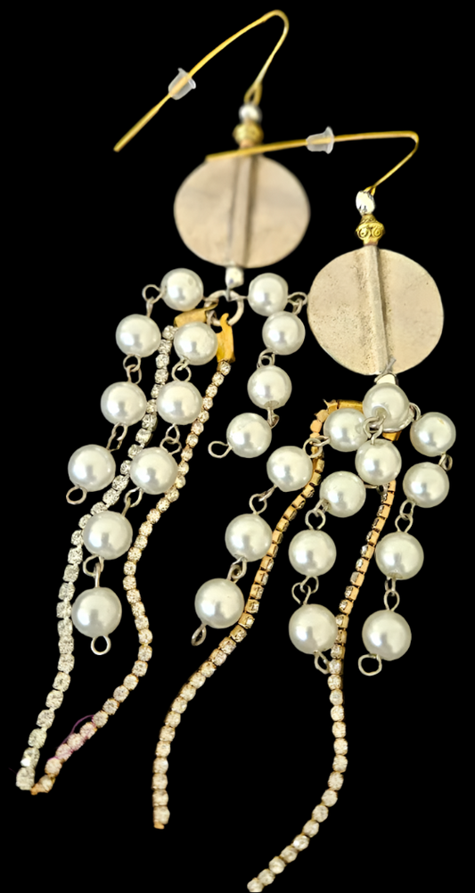 Rhinestone & Faux Pearl Shoulder Dusters - White Gold and Silver Long Pierced Earrings - OOAK Wearable Art Ear Candy from Kat Kouture