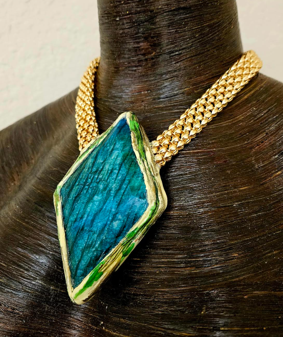 Green Flash Moonstone Sculpted Pendant With Bold Gold Tone Vintage Chain - Haute Couture Flashy Amulet - OOAK Wearable Art from Kat Kouture