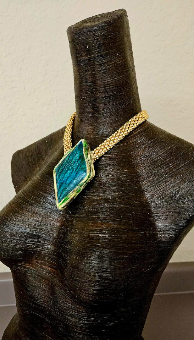 Green Flash Moonstone Sculpted Pendant With Bold Gold Tone Vintage Chain - Haute Couture Flashy Amulet - OOAK Wearable Art from Kat Kouture