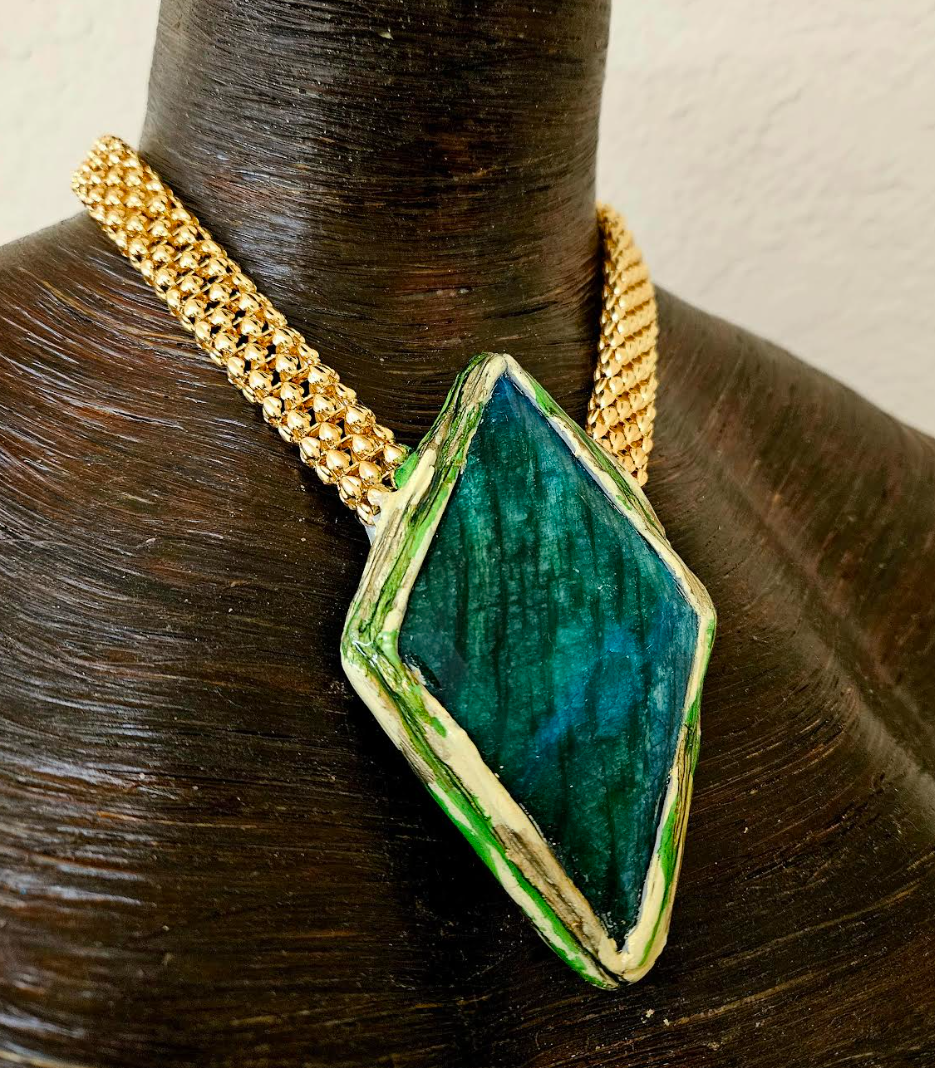 Green Flash Moonstone Sculpted Pendant With Bold Gold Tone Vintage Chain - Haute Couture Flashy Amulet - OOAK Wearable Art from Kat Kouture