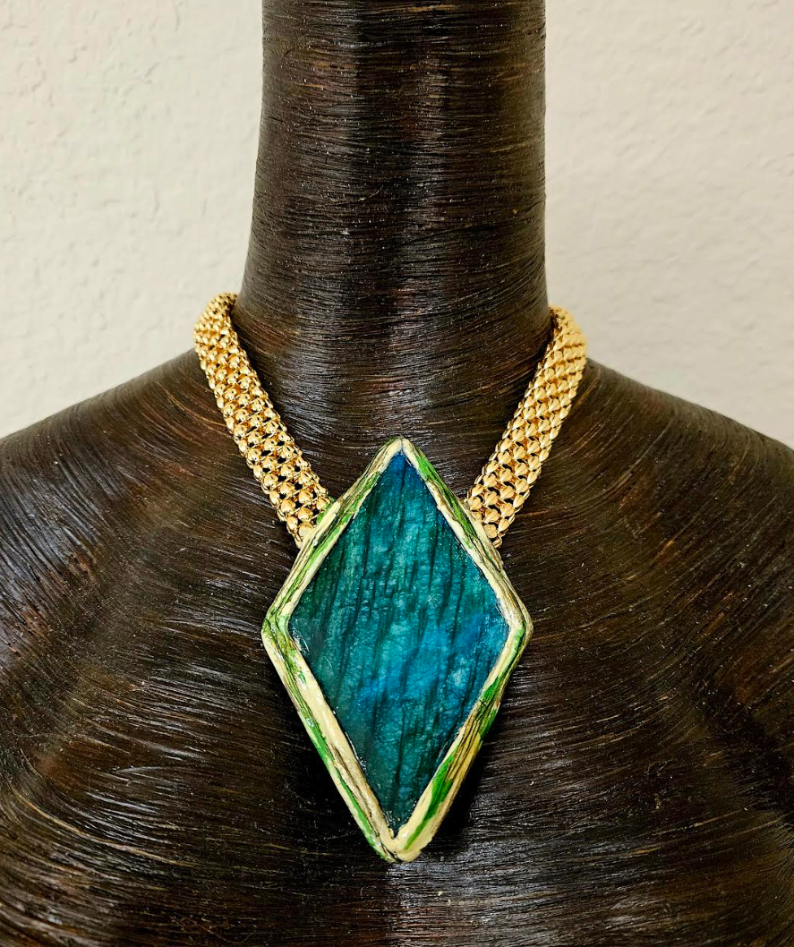 Green Flash Moonstone Sculpted Pendant With Bold Gold Tone Vintage Chain - Haute Couture Flashy Amulet - OOAK Wearable Art from Kat Kouture