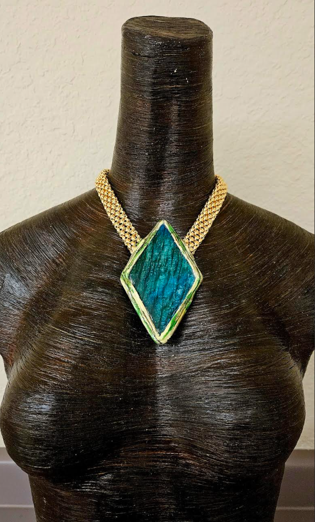 Green Flash Moonstone Sculpted Pendant With Bold Gold Tone Vintage Chain - Haute Couture Flashy Amulet - OOAK Wearable Art from Kat Kouture