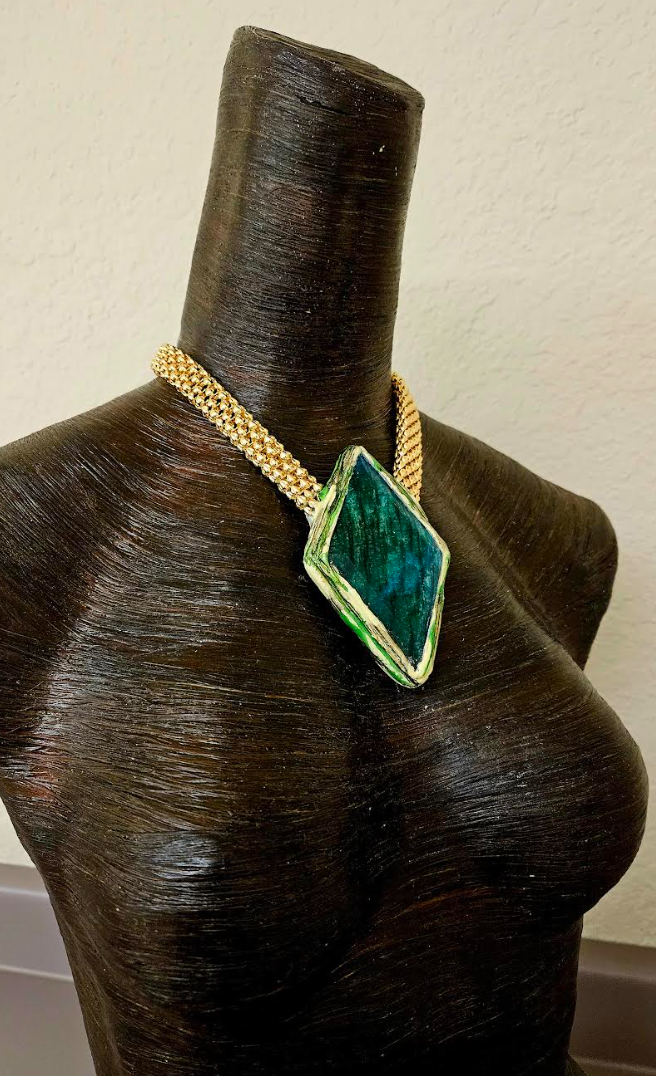 Green Flash Moonstone Sculpted Pendant With Bold Gold Tone Vintage Chain - Haute Couture Flashy Amulet - OOAK Wearable Art from Kat Kouture