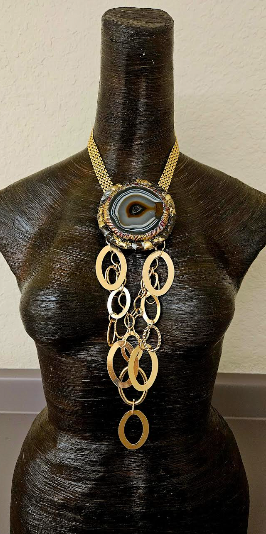 Earth Tone Druzy Agate Sculpted Pendant with Vintage Gold Tone Waterfall Chain - Gemstone Chest Piece for Women of Color - OOAK Wearable Art Jewelry from Kat Kouture