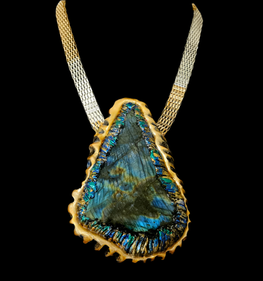 Sculpted Labradorite Statement Pendant for Men or Women - Flashy Spectrolite Amulet with Ornate Silver and Gold Tone Chain - Art to Wear Jewelry from Kat Kouture