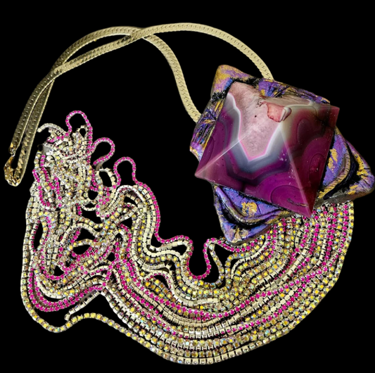 Sculpted Art Deco Purple & Pink Agate Pyramid Pendant with Rhinestone Fringe - Exotic Egyptian Revival Artisan Power Amulet for Women - OOAK Wearable Art from Kat Kouture