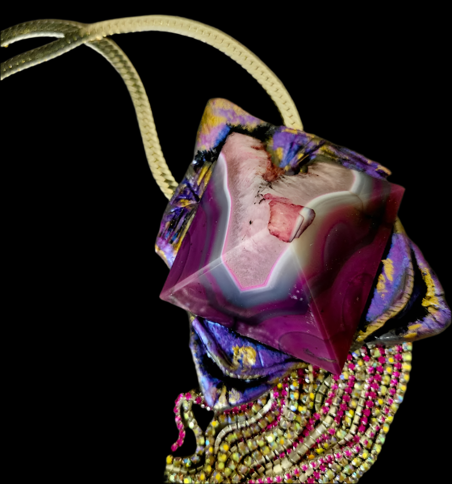 Sculpted Art Deco Purple & Pink Agate Pyramid Pendant with Rhinestone Fringe - Exotic Egyptian Revival Artisan Power Amulet for Women - OOAK Wearable Art from Kat Kouture