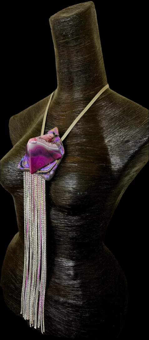 Sculpted Art Deco Purple & Pink Agate Pyramid Pendant with Rhinestone Fringe - Exotic Egyptian Revival Artisan Power Amulet for Women - OOAK Wearable Art from Kat Kouture