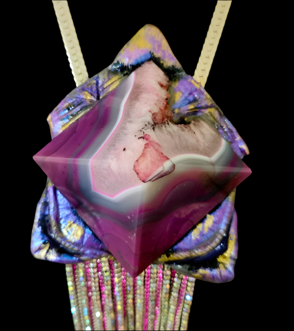 Sculpted Art Deco Purple & Pink Agate Pyramid Pendant with Rhinestone Fringe - Exotic Egyptian Revival Artisan Power Amulet for Women - OOAK Wearable Art from Kat Kouture