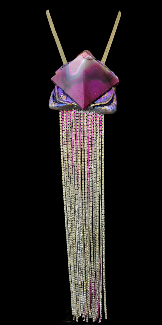 Sculpted Art Deco Purple & Pink Agate Pyramid Pendant with Rhinestone Fringe - Exotic Egyptian Revival Artisan Power Amulet for Women - OOAK Wearable Art from Kat Kouture