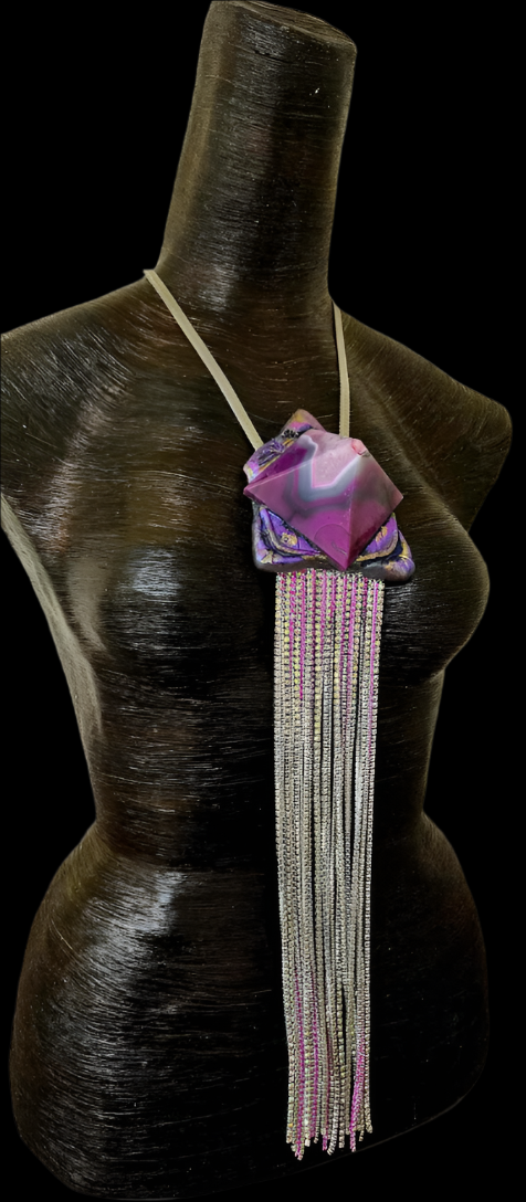 Sculpted Art Deco Purple & Pink Agate Pyramid Pendant with Rhinestone Fringe - Exotic Egyptian Revival Artisan Power Amulet for Women - OOAK Wearable Art from Kat Kouture