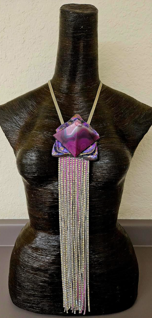 Sculpted Art Deco Purple & Pink Agate Pyramid Pendant with Rhinestone Fringe - Exotic Egyptian Revival Artisan Power Amulet for Women - OOAK Wearable Art from Kat Kouture