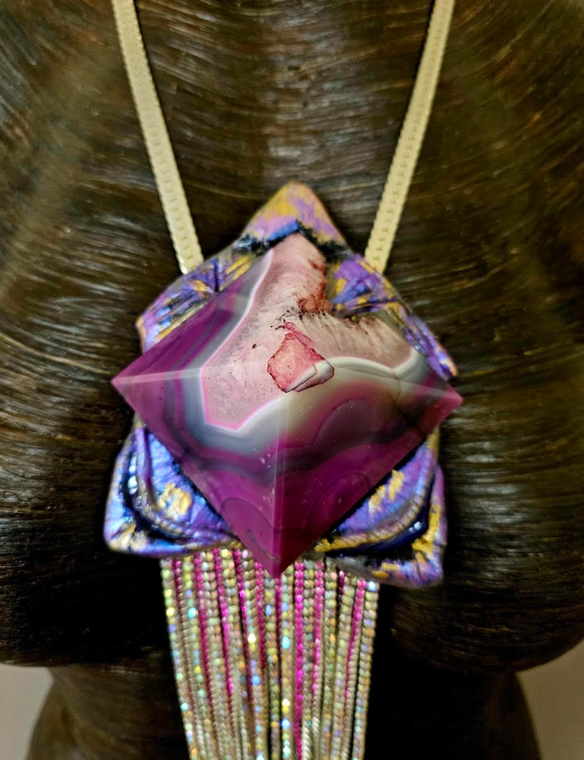 Sculpted Art Deco Purple & Pink Agate Pyramid Pendant with Rhinestone Fringe - Exotic Egyptian Revival Artisan Power Amulet for Women - OOAK Wearable Art from Kat Kouture