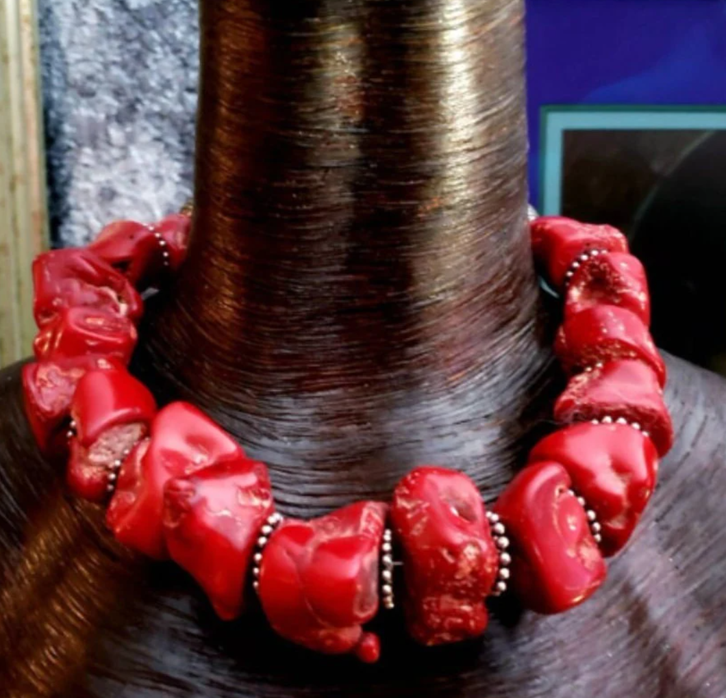 Red Coral Nugget Single Strand Necklace - Bold Chunky & Dramatic Shell Statement Choker - OOAK Wearable Art from Kat Kouture