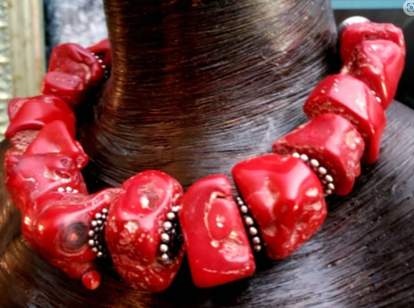 Red Coral Nugget Single Strand Necklace - Bold Chunky & Dramatic Shell Statement Choker - OOAK Wearable Art from Kat Kouture