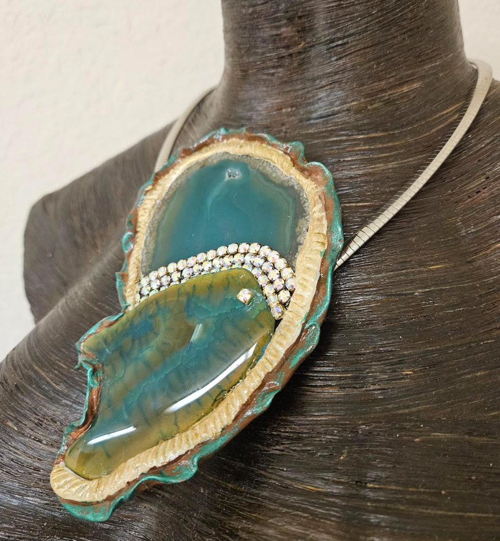 Sculpted Green Agate & Rhinestone Pendant on an Omega Chain - Freeform Gemstone Unisex Talisman - Exclusive Wearable Art Jewelry from Kat Kouture