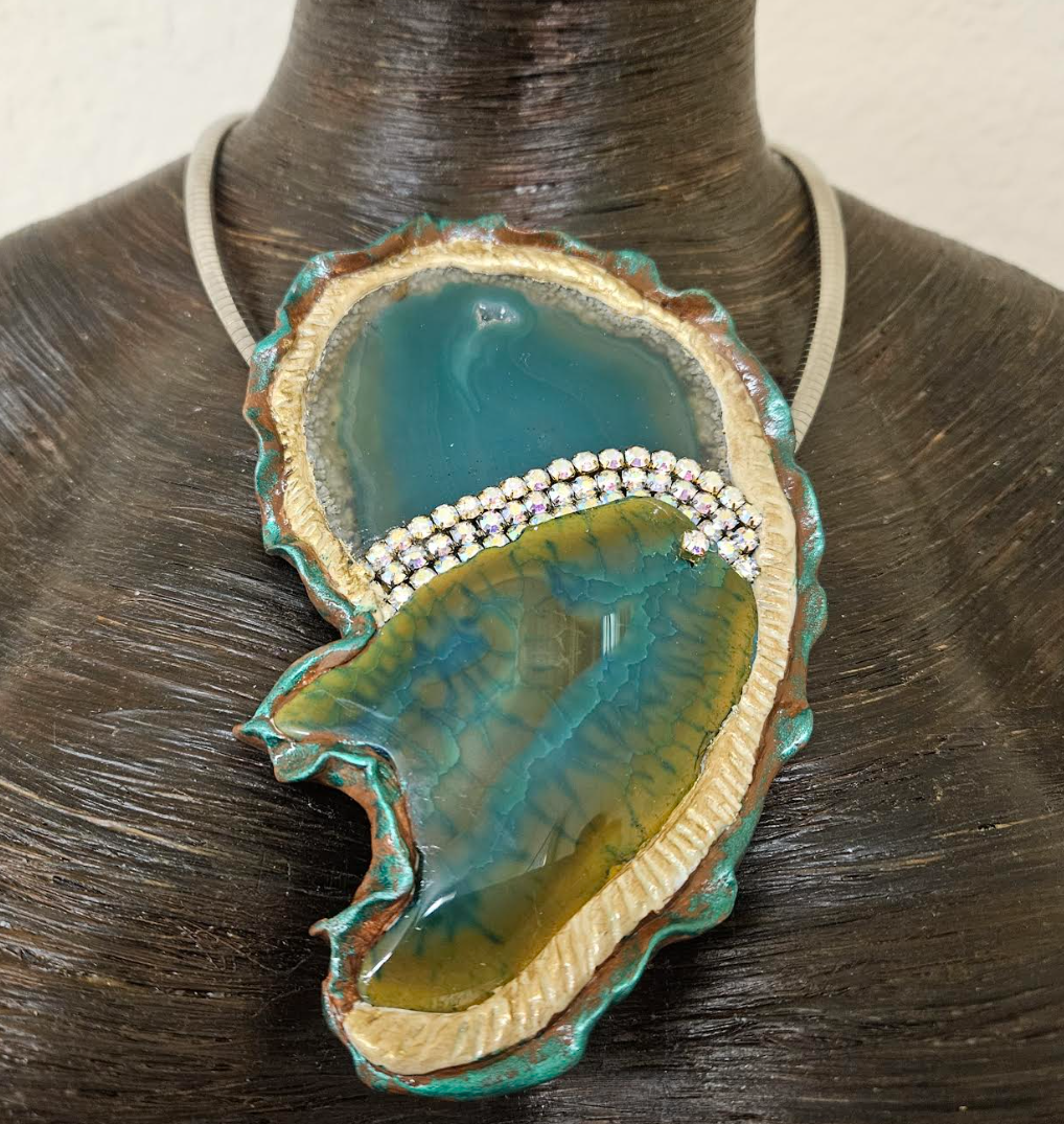 Sculpted Green Agate & Rhinestone Pendant on an Omega Chain - Freeform Gemstone Unisex Talisman - Exclusive Wearable Art Jewelry from Kat Kouture