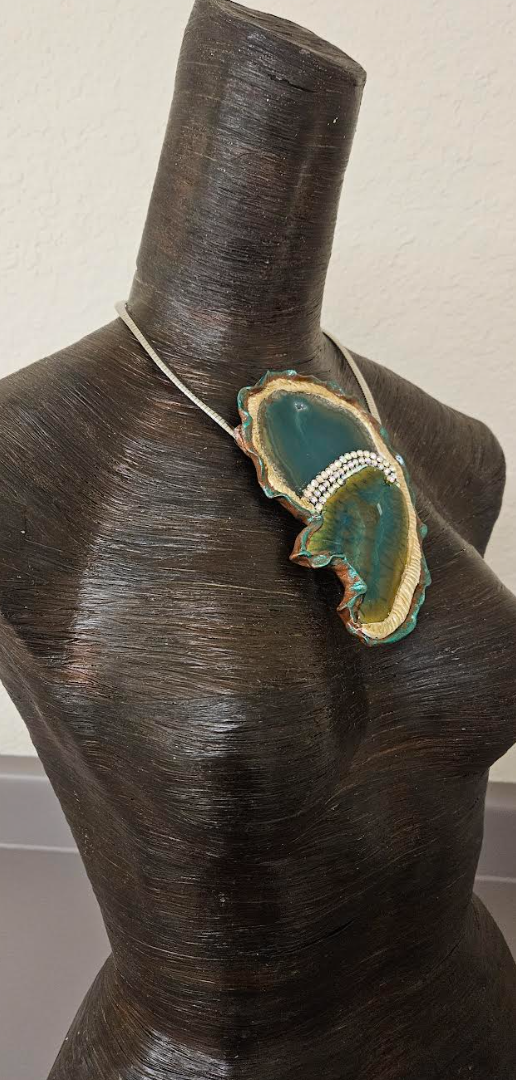 Sculpted Green Agate & Rhinestone Pendant on an Omega Chain - Freeform Gemstone Unisex Talisman - Exclusive Wearable Art Jewelry from Kat Kouture