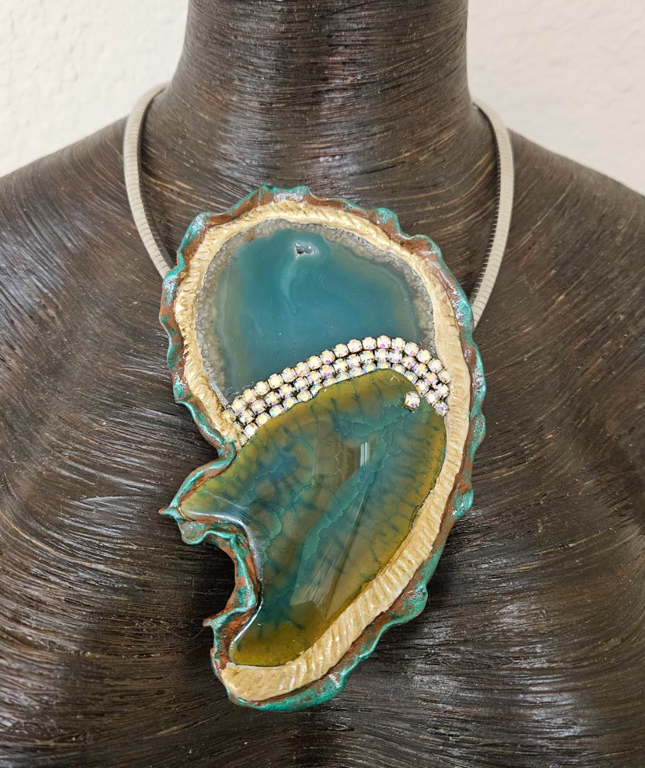 Sculpted Green Agate & Rhinestone Pendant on an Omega Chain - Freeform Gemstone Unisex Talisman - Exclusive Wearable Art Jewelry from Kat Kouture