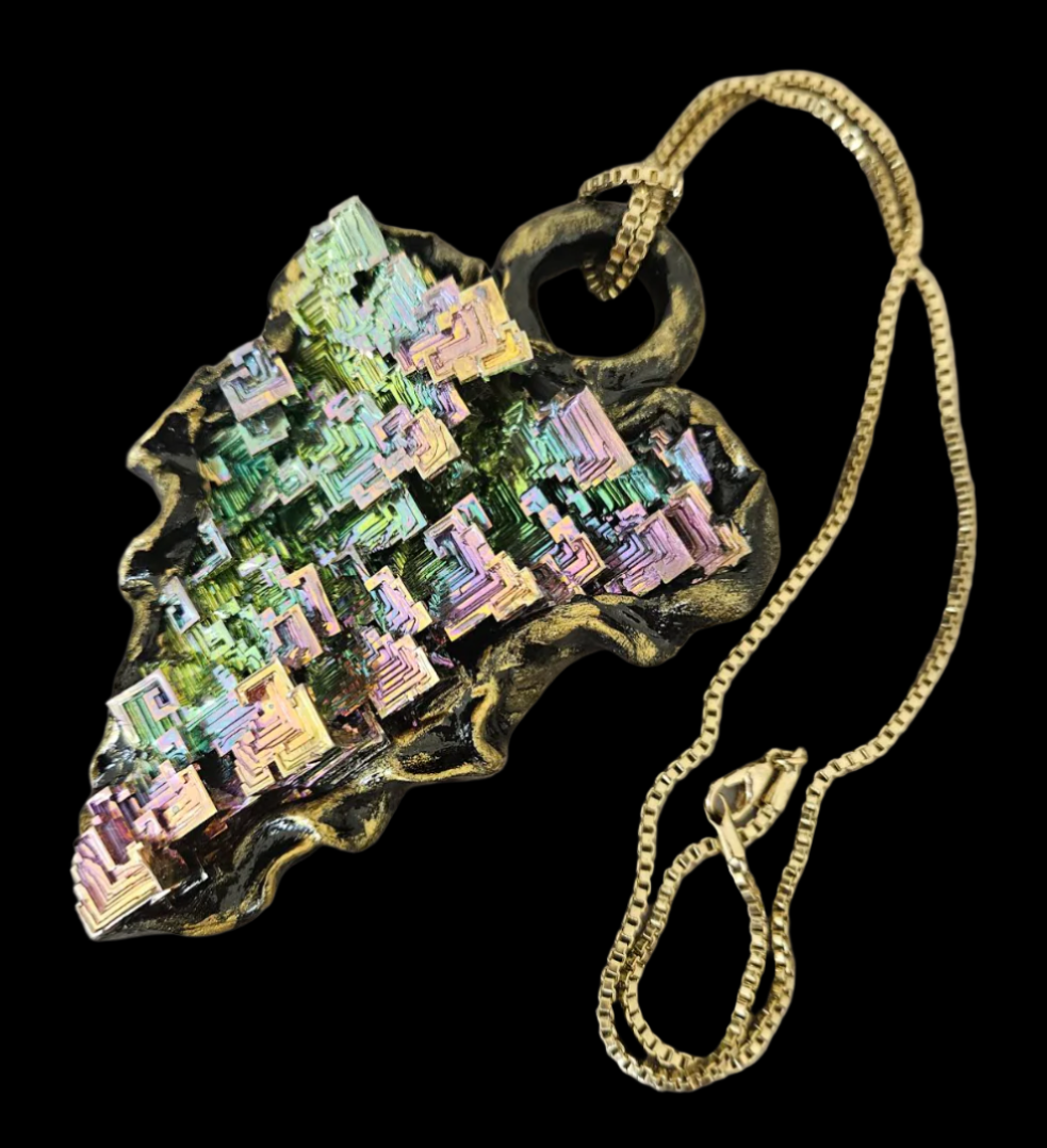 Bismuth Quartz Unisex Sculpted Pendant - Flashy Rainbow Crystal Amulet for Metaphysical Healers - OOAK Wearable Art Jewelry from Kat Kouture