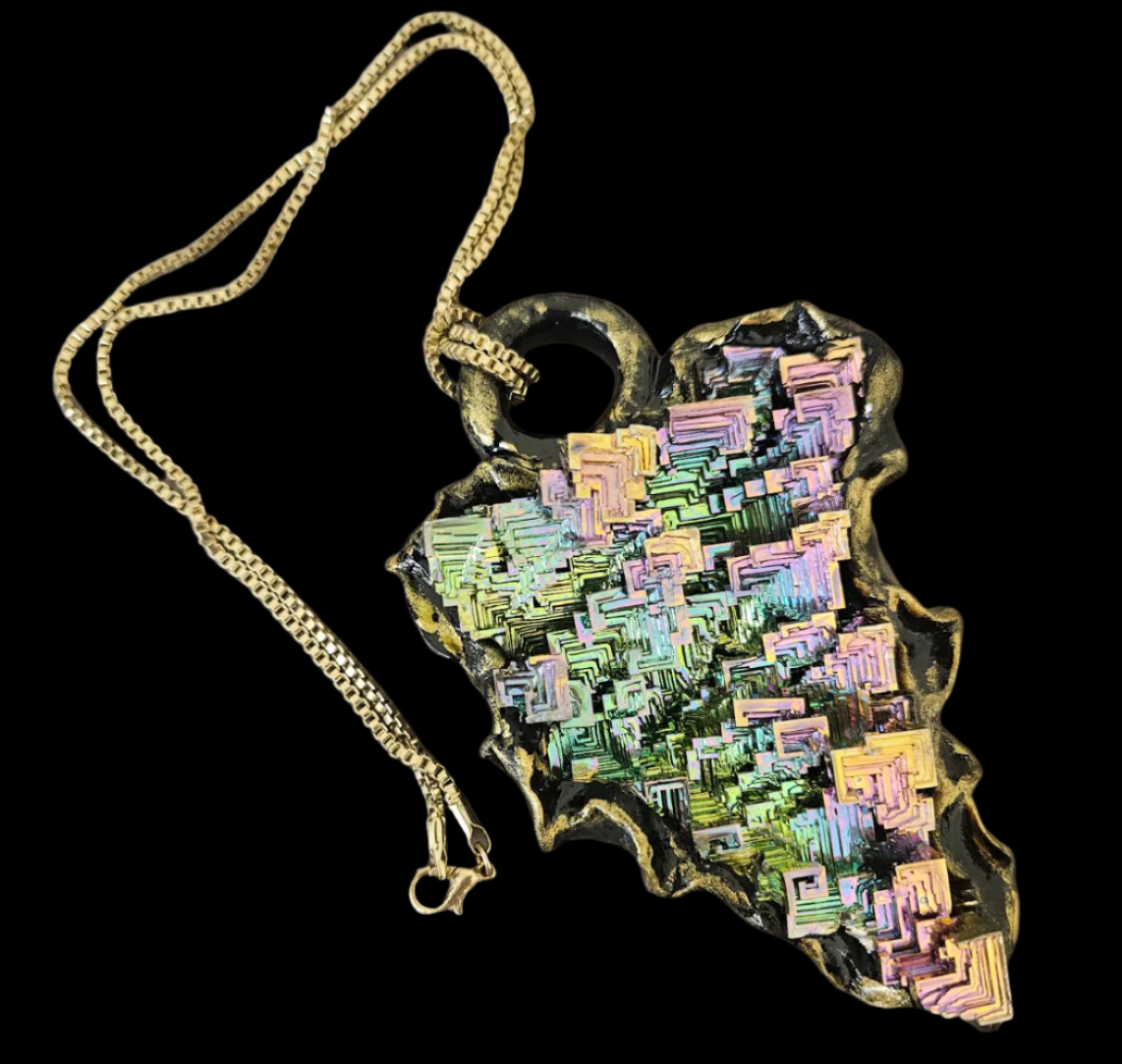 Bismuth Quartz Unisex Sculpted Pendant - Flashy Rainbow Crystal Amulet for Metaphysical Healers - OOAK Wearable Art Jewelry from Kat Kouture