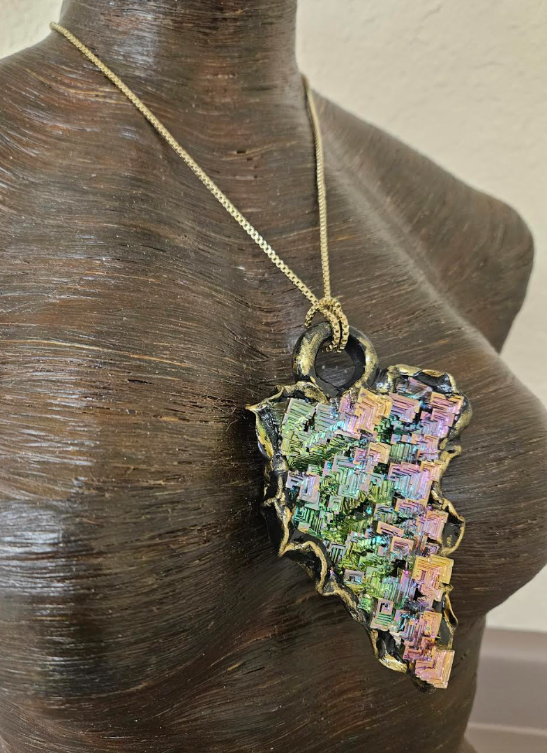 Bismuth Quartz Unisex Sculpted Pendant - Flashy Rainbow Crystal Amulet for Metaphysical Healers - OOAK Wearable Art Jewelry from Kat Kouture