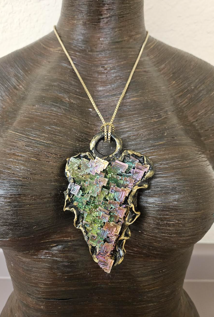 Bismuth Quartz Unisex Sculpted Pendant - Flashy Rainbow Crystal Amulet for Metaphysical Healers - OOAK Wearable Art Jewelry from Kat Kouture