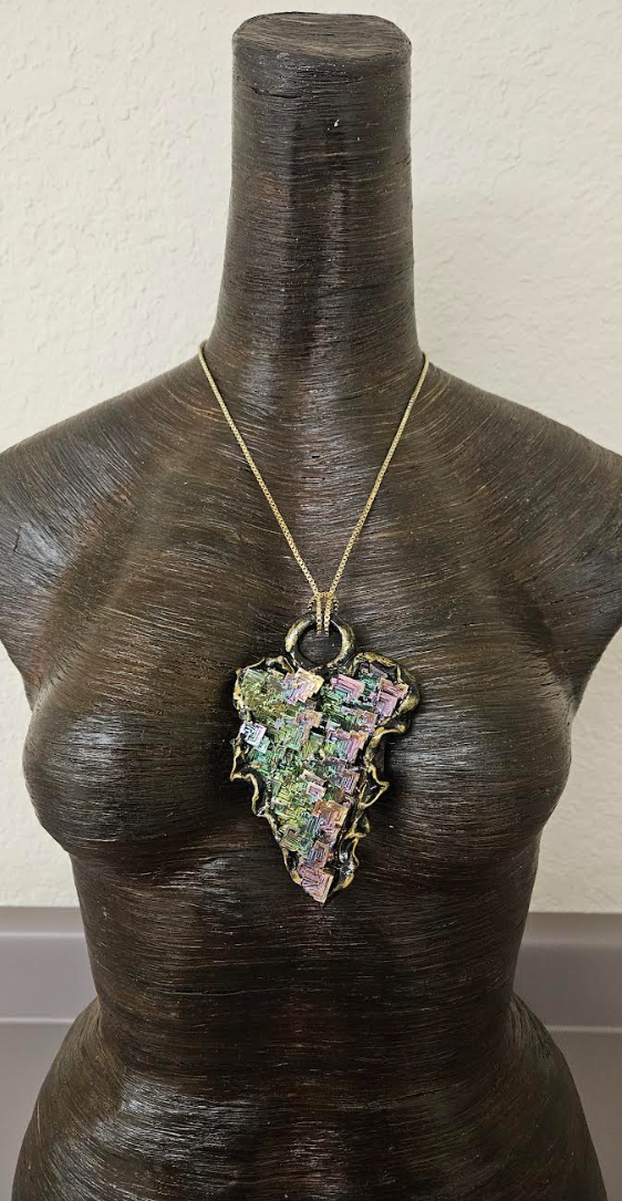 Bismuth Quartz Unisex Sculpted Pendant - Flashy Rainbow Crystal Amulet for Metaphysical Healers - OOAK Wearable Art Jewelry from Kat Kouture