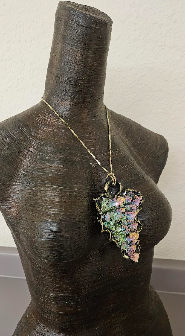 Bismuth Quartz Unisex Sculpted Pendant - Flashy Rainbow Crystal Amulet for Metaphysical Healers - OOAK Wearable Art Jewelry from Kat Kouture