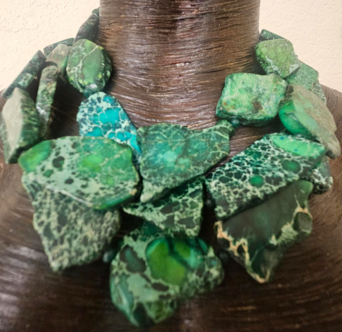 Green Sea Sediment Slab Multi Strand Statement Necklace - Saint Patrick's Day Neck Candy - Business or Professional Choker - Kat Kouture Jewelry