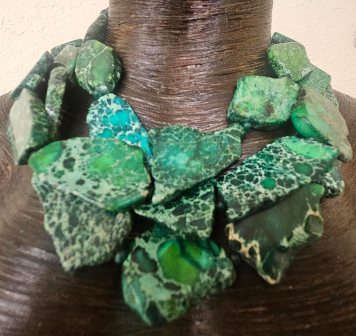 Green Sea Sediment Slab Multi Strand Statement Necklace - Saint Patrick's Day Neck Candy - Business or Professional Choker - Kat Kouture Jewelry