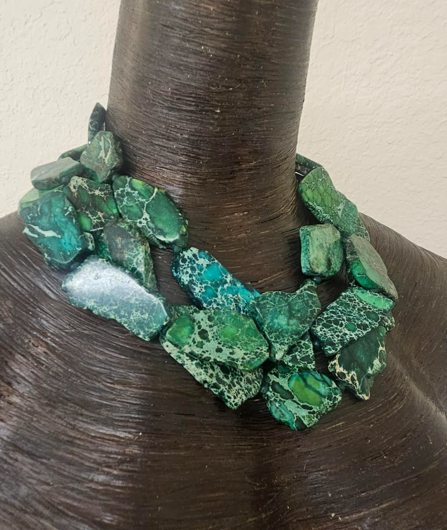 Green Sea Sediment Slab Multi Strand Statement Necklace - Saint Patrick's Day Neck Candy - Business or Professional Choker - Kat Kouture Jewelry