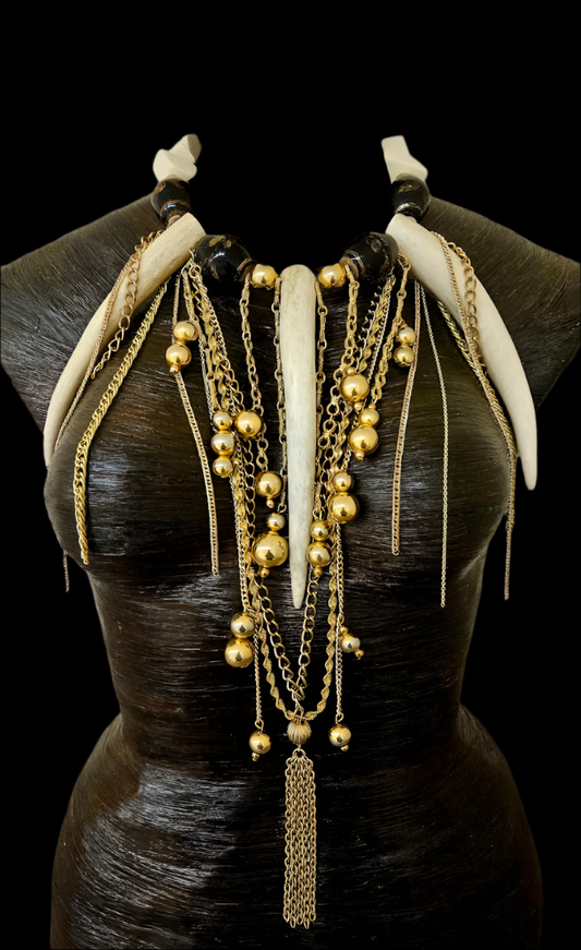 Antler Glass Beads and Gold Chain Avant Garde Statement Necklace -