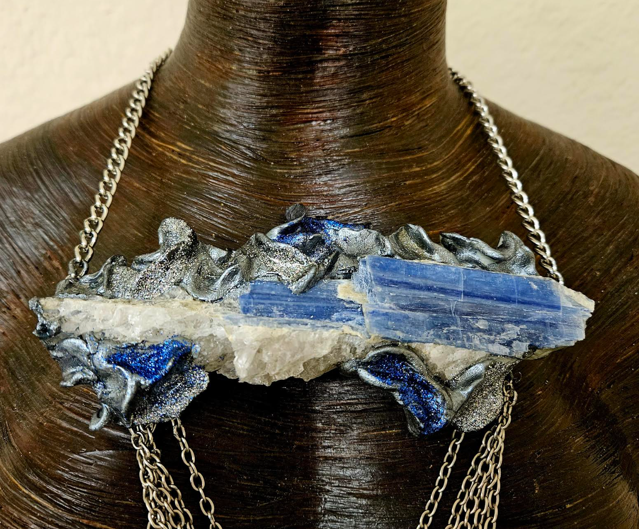 Rough Sculpted Blue Kyanite Pendant with Waterfall Draped Chains - Avant Garde Gemstone Chest Piece - Wearable Art from Kat Kouture