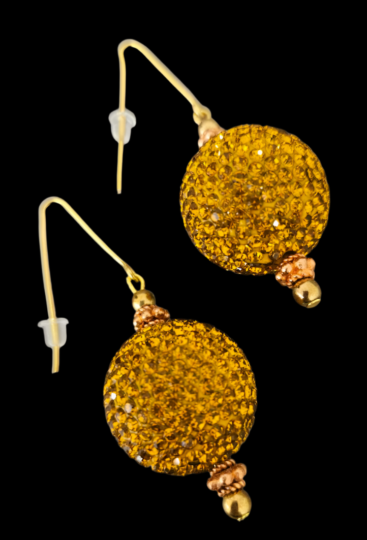 Copper Rhinestone Ball Pierced Earrings - Bling Bling Dangle Drop Ear Candy - Disco Style Earrings - OOAK Wearable Art Jewelry from Kat Kouture