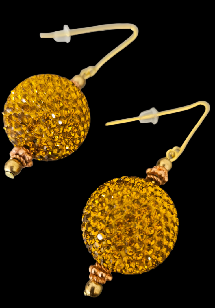 Copper Rhinestone Ball Pierced Earrings - Bling Bling Dangle Drop Ear Candy - Disco Style Earrings - OOAK Wearable Art Jewelry from Kat Kouture