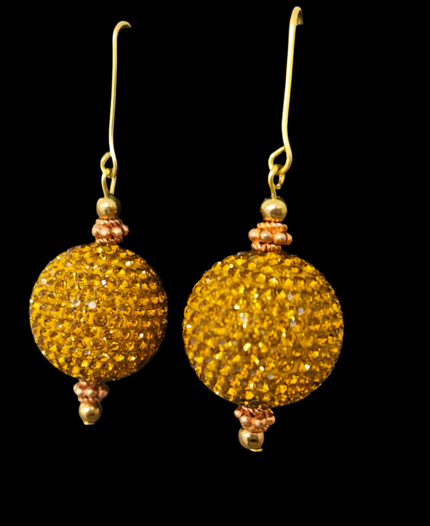 Copper Rhinestone Ball Pierced Earrings - Bling Bling Dangle Drop Ear Candy - Disco Style Earrings - OOAK Wearable Art Jewelry from Kat Kouture