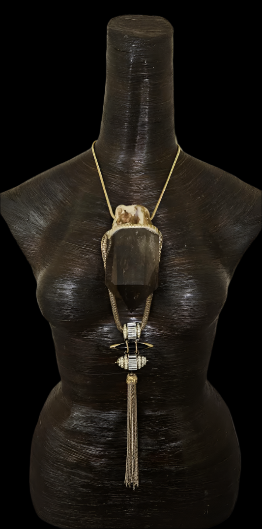 Earthy Lemurian Smoky Quartz Art Deco Revival Pendant - Sculpted Brown Gemstone Egyptian Revival Chest Piece - Wearable Art from Kat Kouture