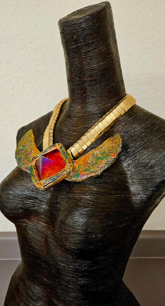 Egyptian Revival Red Aura Quartz Pyramid Cleopatra Statement Necklace - Phoenix Rising Gemstone Power Pendant - OOAK Wearable Art from Kat Kouture