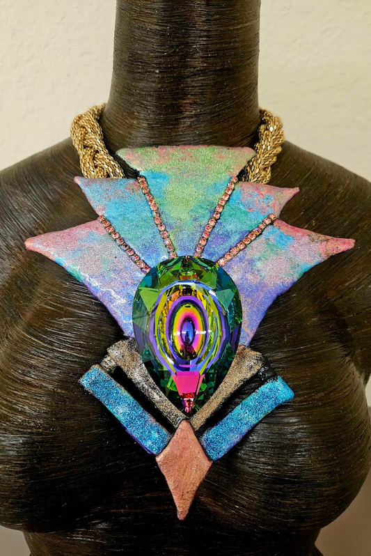 Rainbow Aurora Borealis Crystal Art Deco Sculpted Statement Pendant - Metaphysical Prism Chest Piece for Unisex - Kat Kouture Wearable Art Jewelry