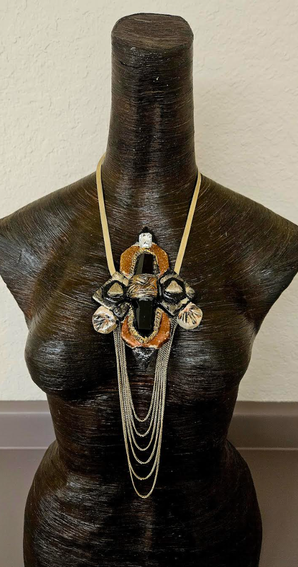 Sculpted Art Deco Smoky Quartz Obelisk Artisan Pendant - Earth Tone Gatsy Inspired Chest Piece - OOAK Wearable Art Jewelry from Kat Kouture