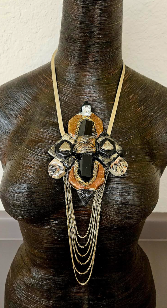 Sculpted Art Deco Smoky Quartz Obelisk Artisan Pendant - Earth Tone Gatsy Inspired Chest Piece - OOAK Wearable Art Jewelry from Kat Kouture