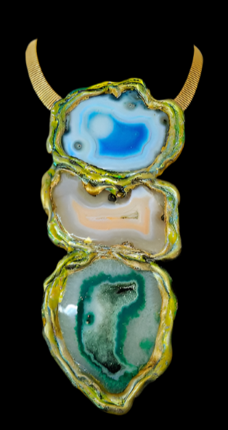 Sculpted Agate Totem Gemstone Pendant - Blue Green & Orange